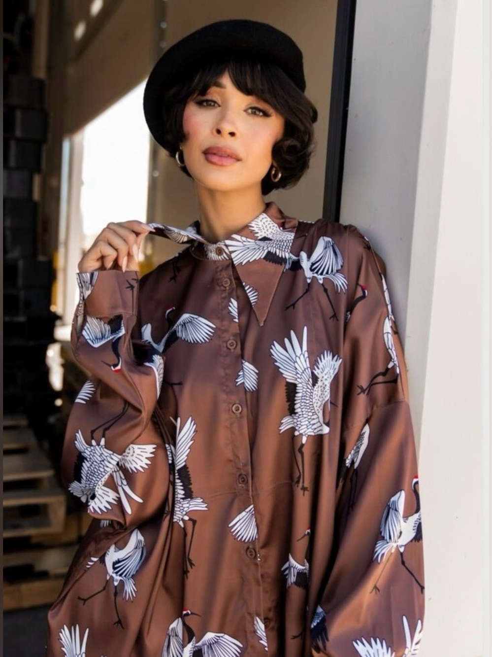Dressed in Lala Posh Satin Shirt in Eternal Youth Cranes - Picture 4 of 13
